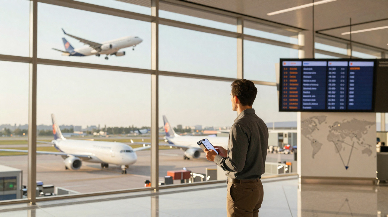 Homem a consultar telemóvel numa sala de espera de aeroporto com aviões na pista e um decolagem vista pela janela.