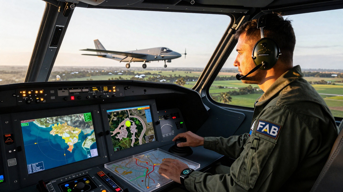Piloto militar brasileiro com headset no cockpit de avião, com outra aeronave a voar ao fundo.