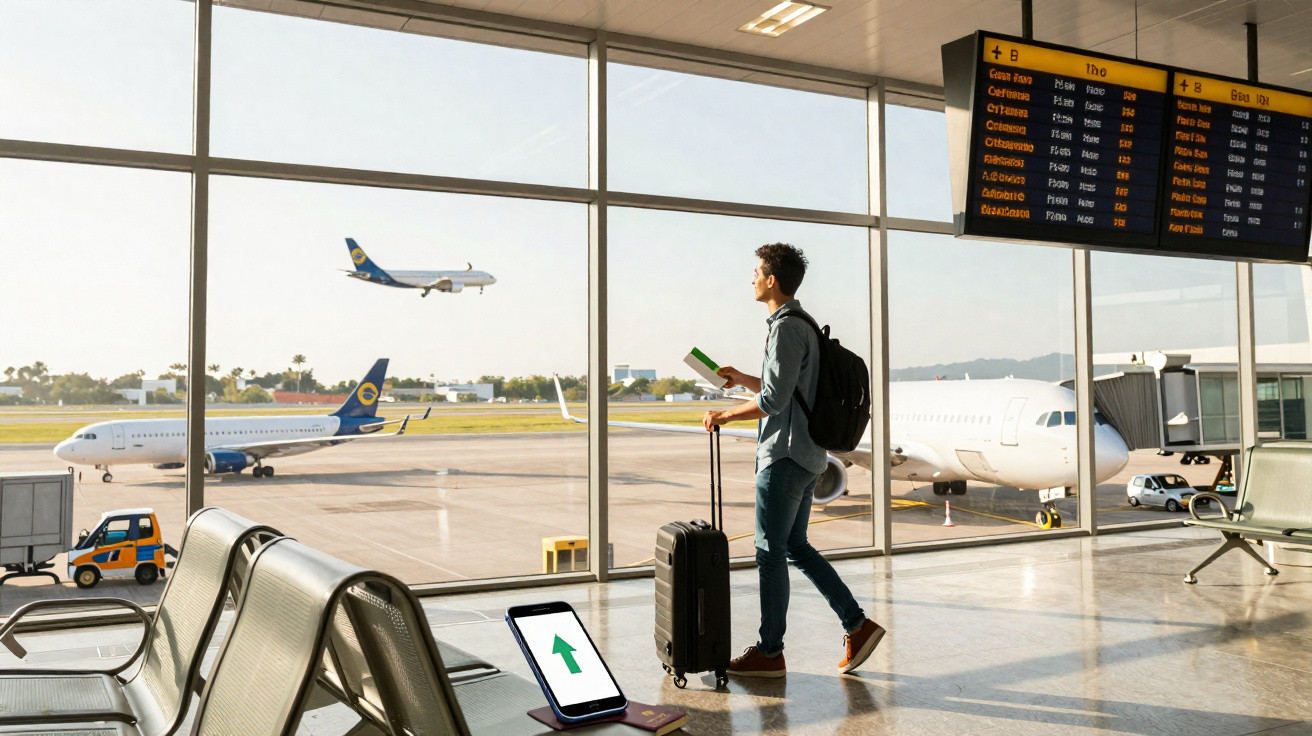 Homem com mochila, mala e cartão de embarque observa aviões na pista através das janelas do aeroporto.