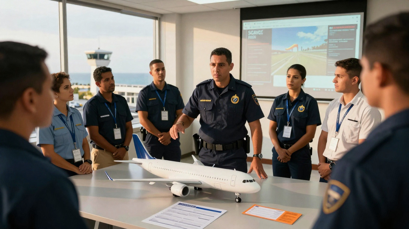 Grupo de profissionais em uniforme durante formação com modelo de avião numa sala com janela e projetor.