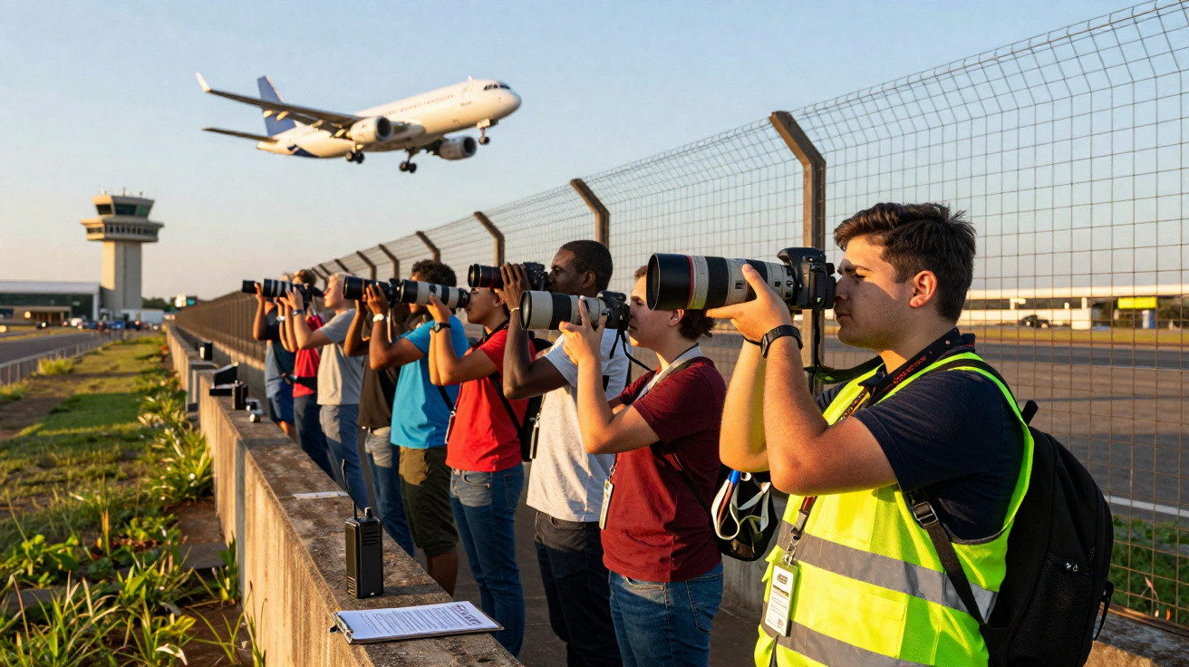 Grupo de fotógrafos captura avião a aterrar num aeroporto ao entardecer.