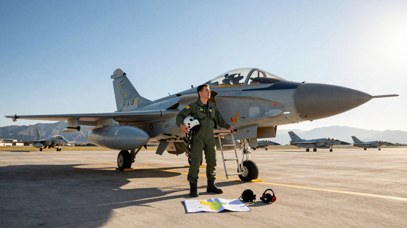 Piloto militar em fato de voo junto a jato de combate estacionado numa pista de aeroporto.