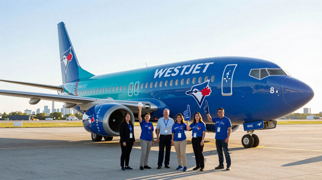 Grupo de seis pessoas com uniformes junto a avião azul da companhia aérea WestJet num aeroporto.