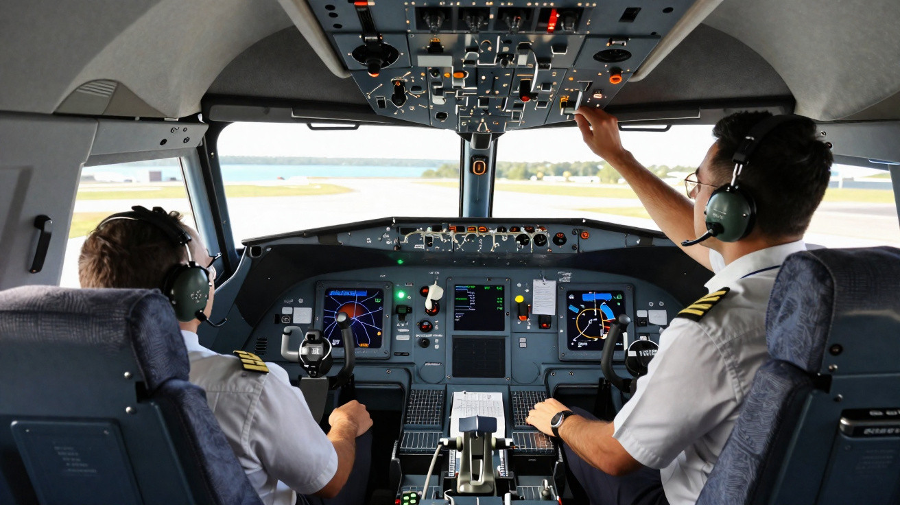 Dois pilotos com headset no cockpit de um avião, um ajusta controles e outro segura o manche.