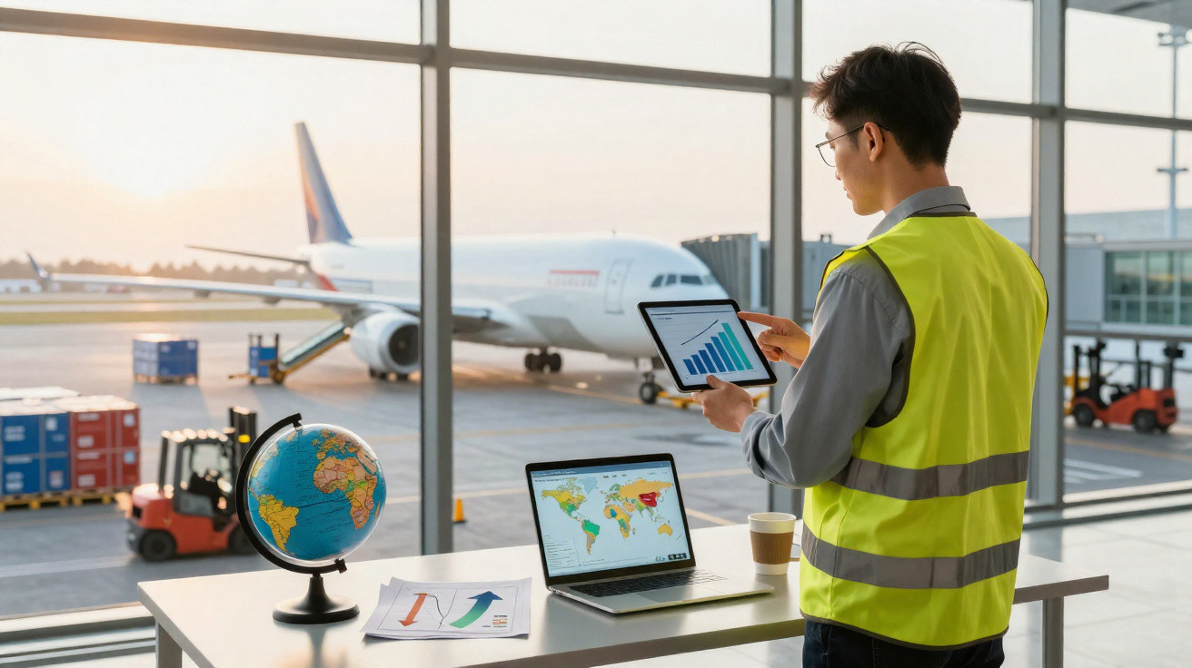 Homem em colete refletor analisa gráficos em tablet junto a laptop e globo no aeroporto com avião ao fundo.