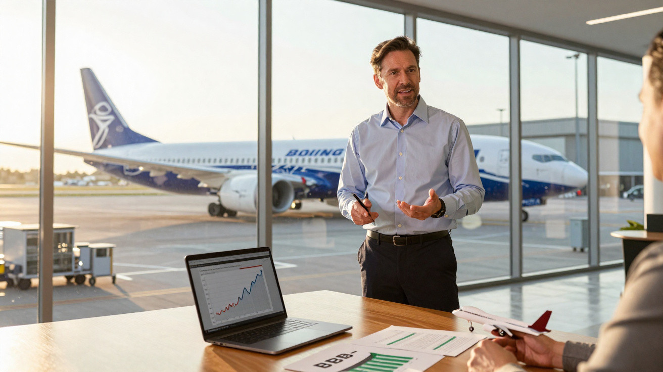 Homem de camisa azul apresenta dados de crescimento numa reunião com vista para avião Boeing no aeroporto.