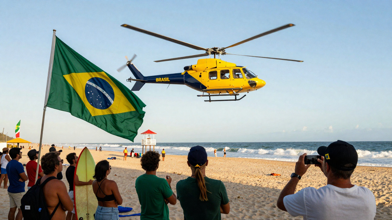 Helicóptero amarelo e azul voa sobre praia com bandeira do Brasil e pessoas a observar e tirar fotografias.
