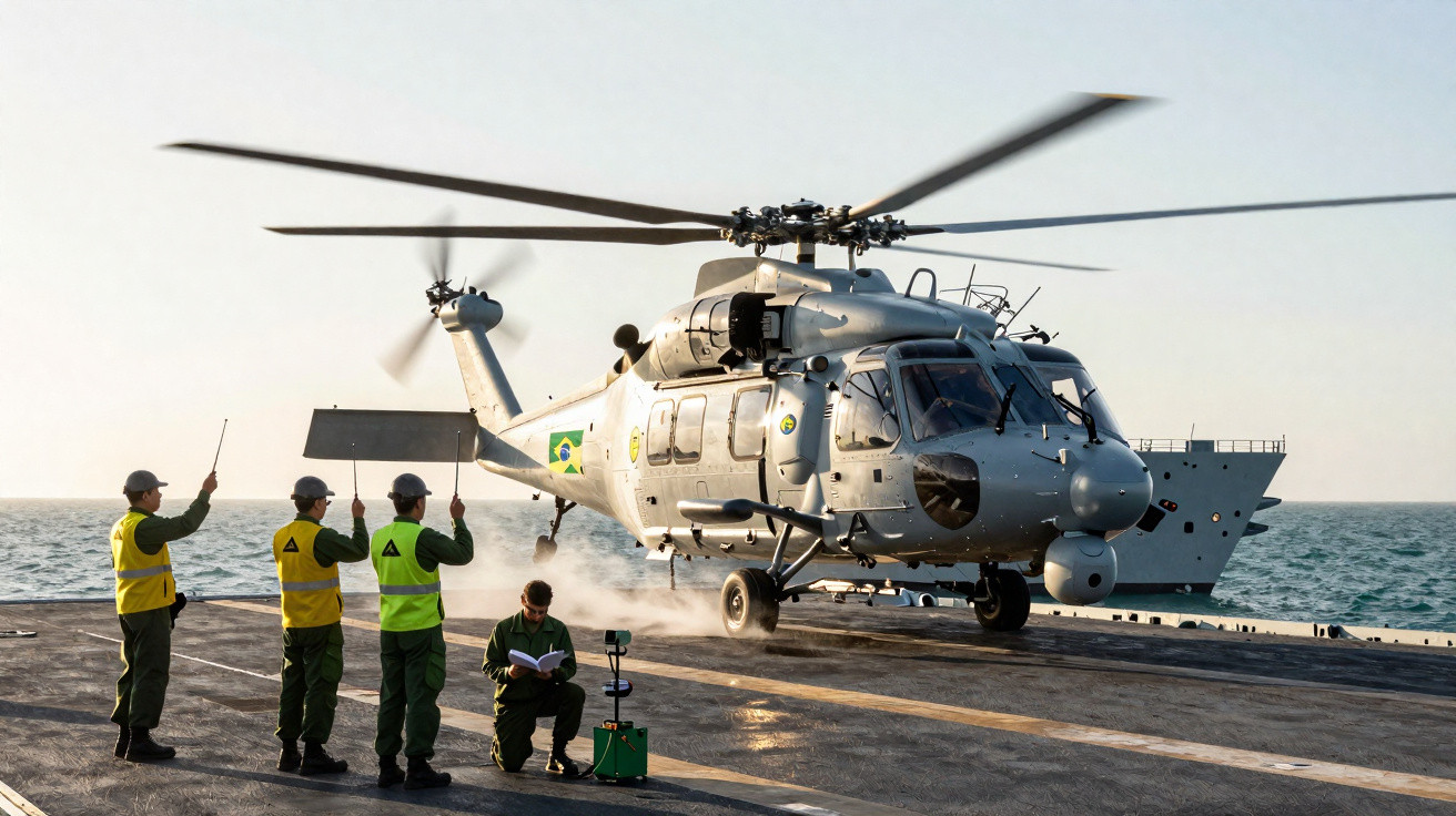 Helicóptero militar brasileiro a aterrar num navio, com cinco militares coordenando a operação na popa.