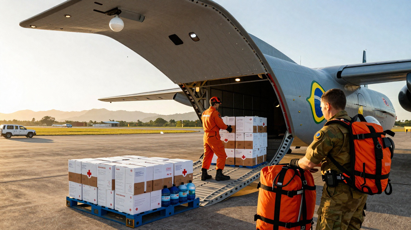Militares carregam caixas de ajuda humanitária num avião de transporte no aeroporto ao pôr do sol.