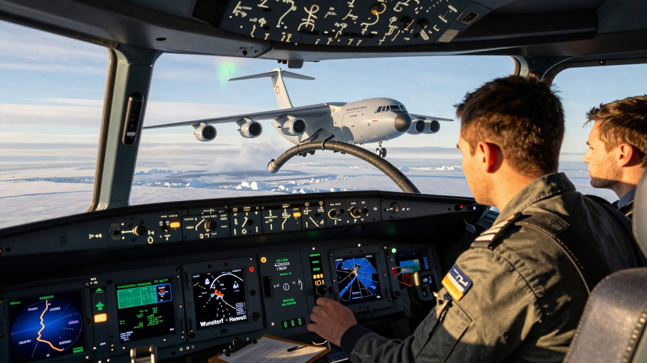 Cockpit de avião com dois pilotos a realizar abastecimento aéreo a outro avião em voo sobre um cenário nevado.