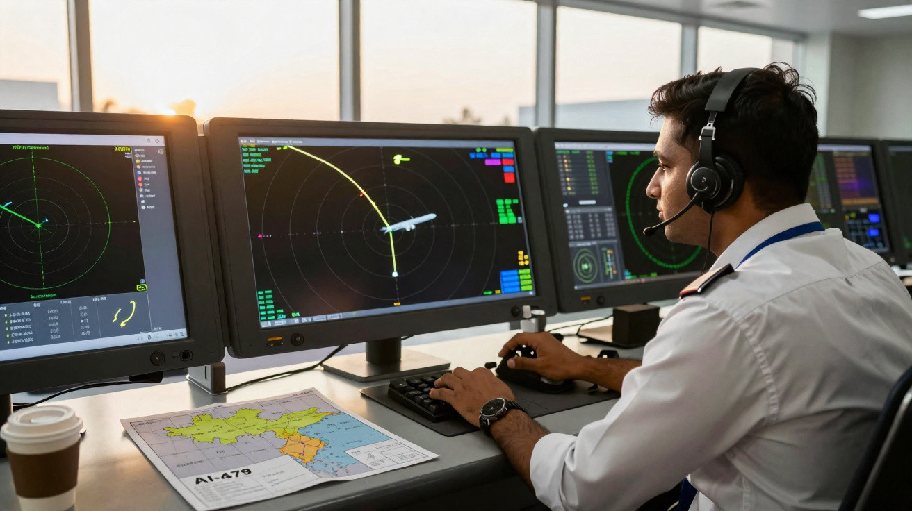 Controlador aéreo em centro de operações, monitorizando e orientando o voo de um avião em múltiplos ecrãs.