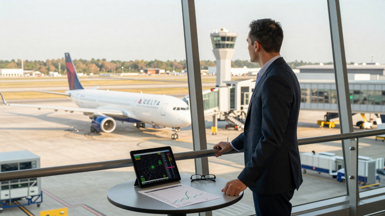 Homem de fato observa avião Delta no aeroporto, com radar no tablet e documentos na mesa à frente.