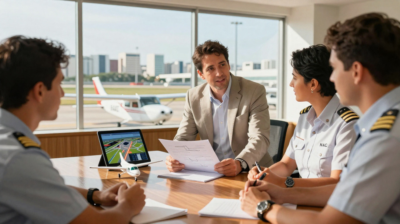 Homem em reunião a explicar planos a três pilotos com uniformes, com avião e ecrã digital ao fundo.