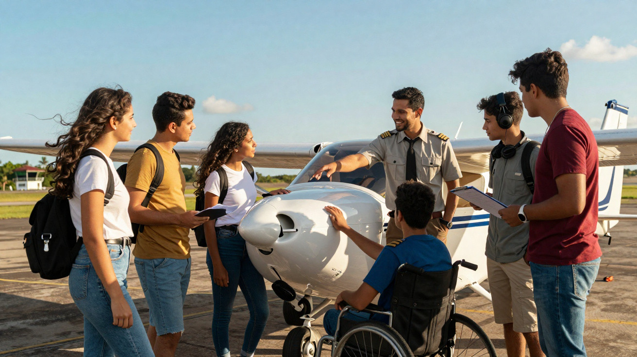 Instrutor de aviação explica parte da aeronave a grupo de jovens estudantes num aeródromo.