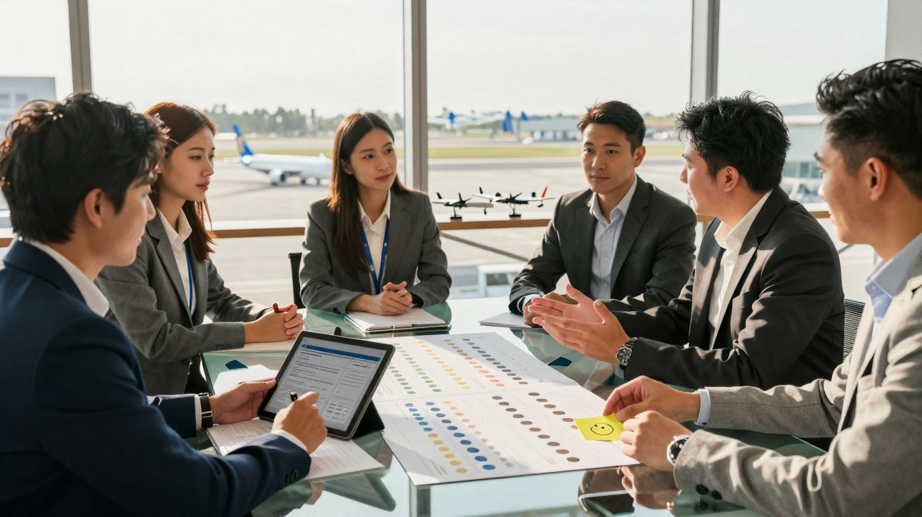 Reunião de negócios com seis profissionais sentados em torno de mesa com gráficos e tablets junto a janela com vista para aer