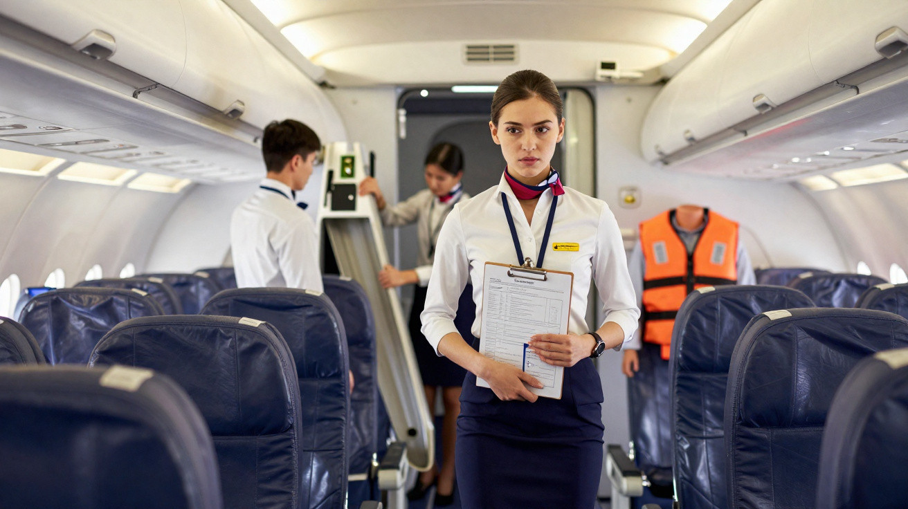 Tripulação de cabine com uniforme dentro do avião, preparando-se para o voo, uma mulher segura uma prancha de papel.