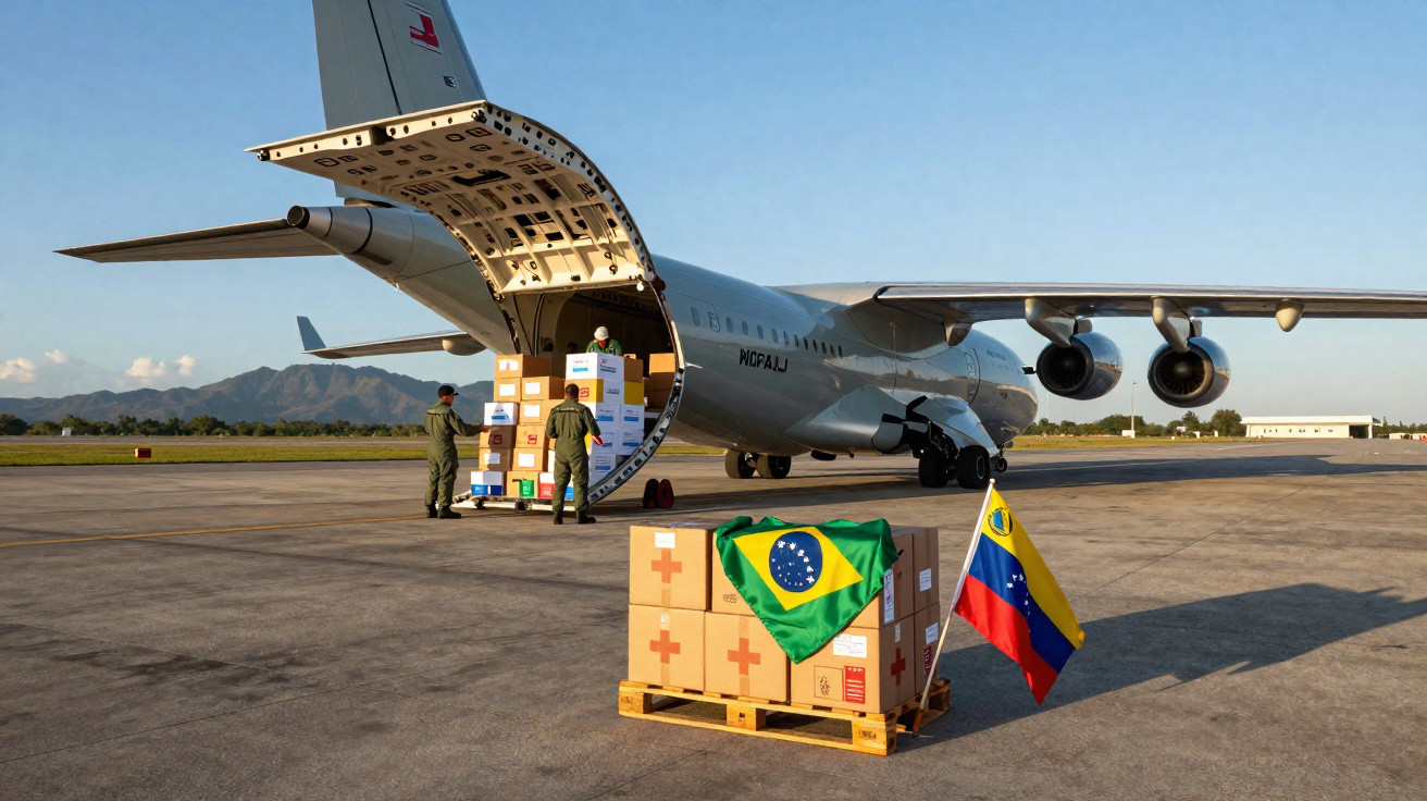 Avião militar descarregando caixas humanitárias com bandeiras do Brasil e Venezuela numa pista aérea.