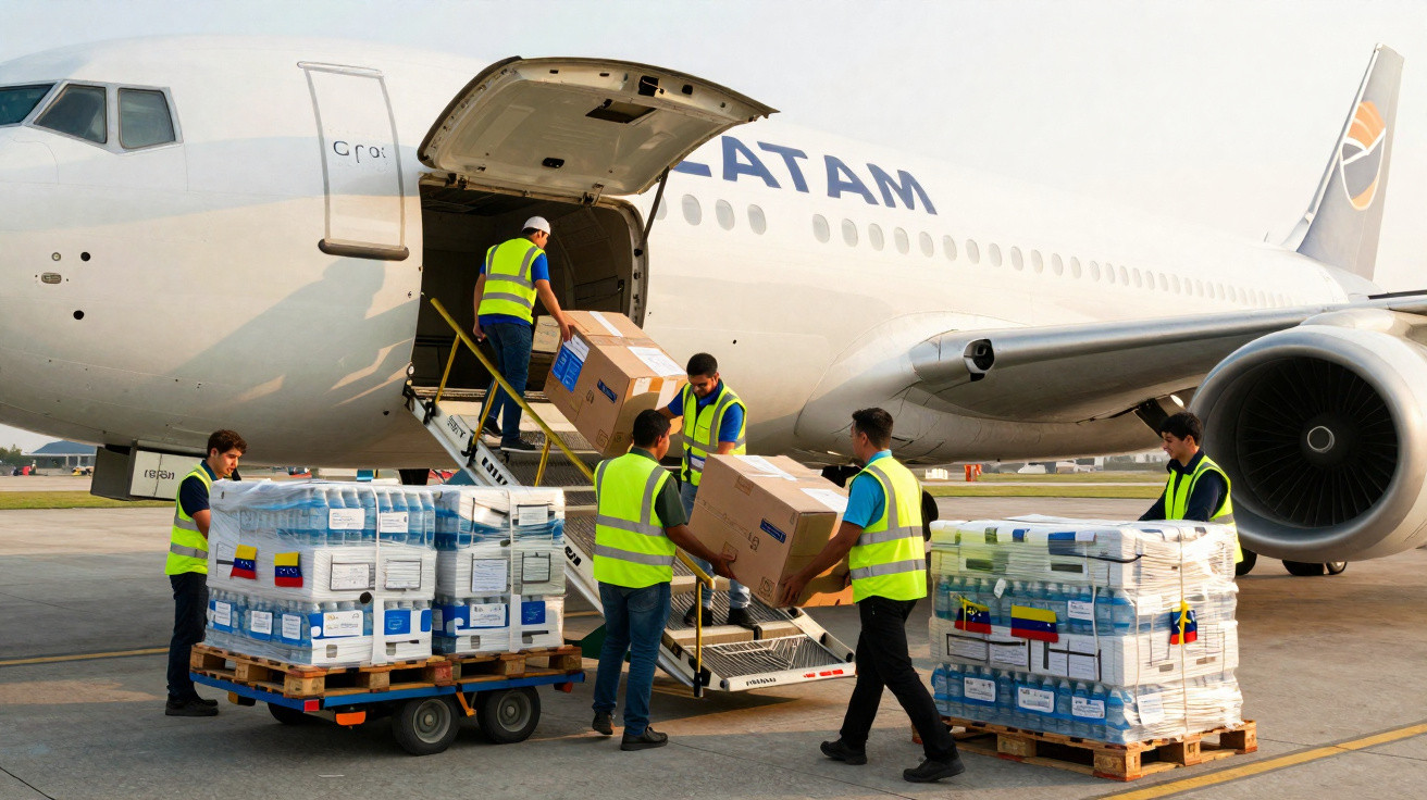 Trabalhadores carregam caixas e paletes com provisões num avião da LATAM no aeroporto.