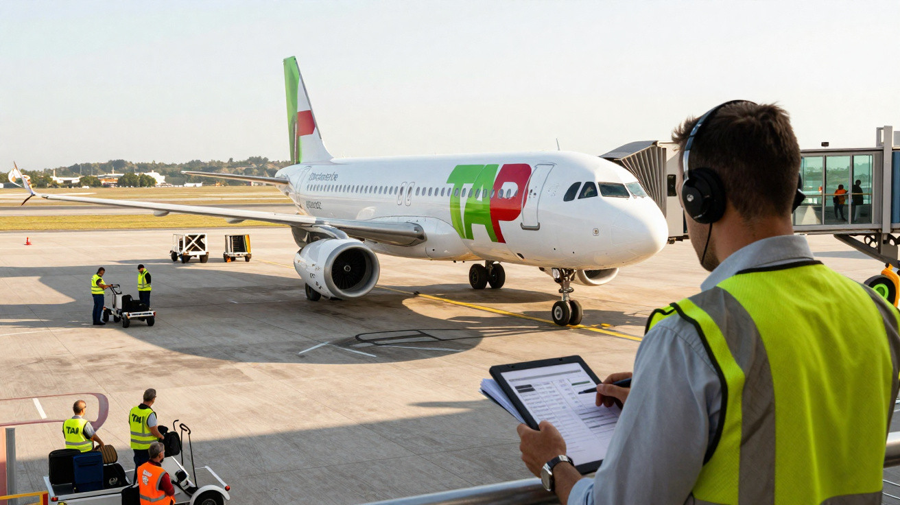 Avião TAP no portão do aeroporto com equipe de solo a trabalhar e operador a controlar checklist.