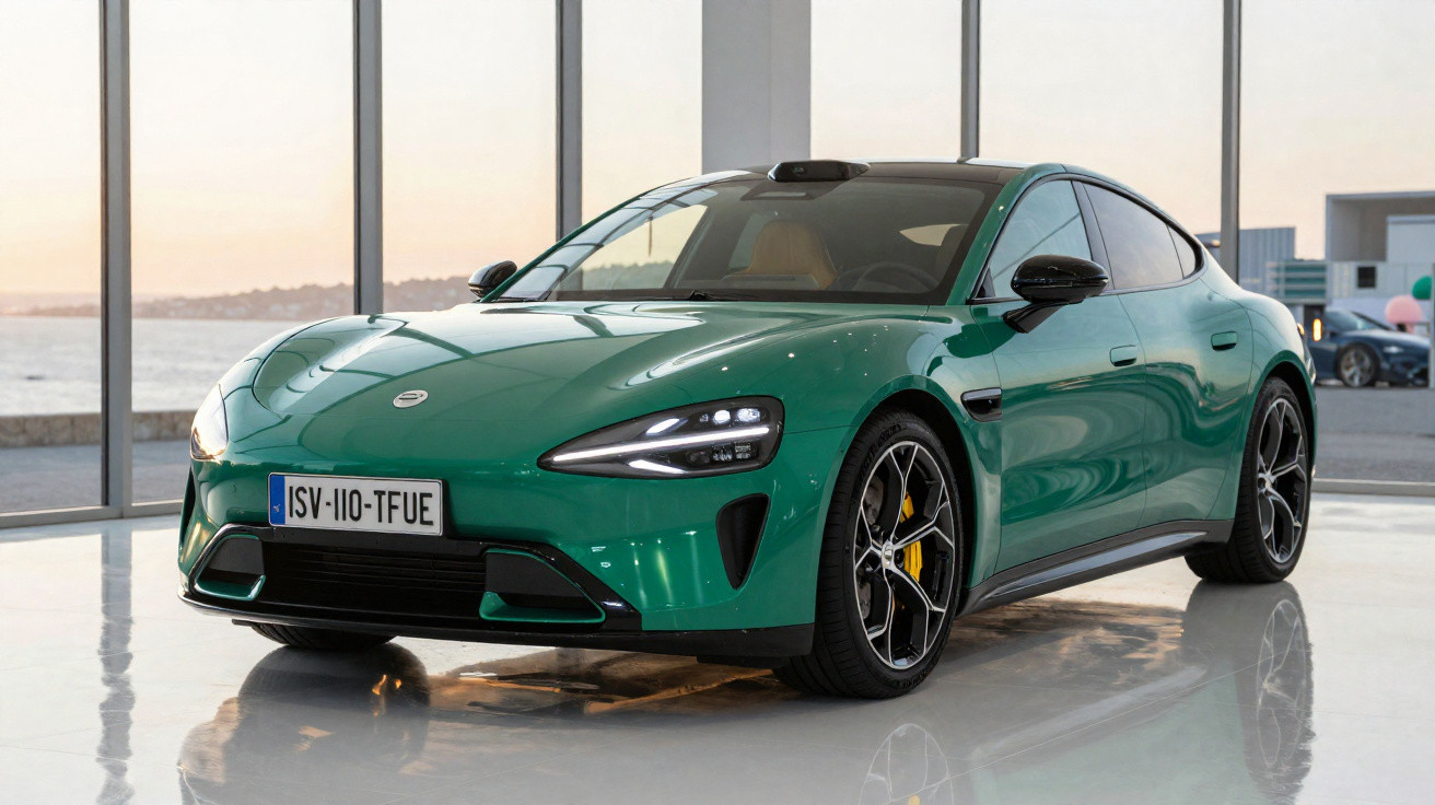 Carro desportivo elétrico verde com detalhes pretos e jantes modernas, em ambiente interior com grandes janelas.