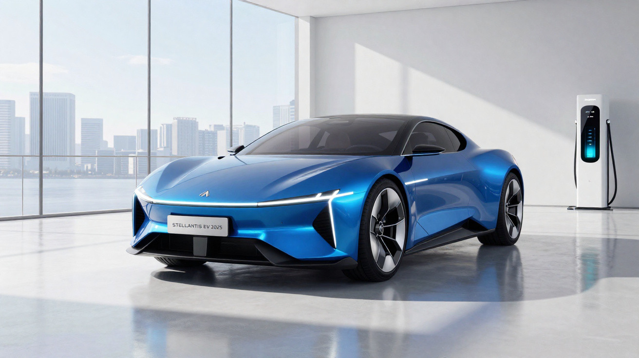 Carro elétrico azul brilhante estacionado numa garagem moderna com carregador elétrico e vista urbana.