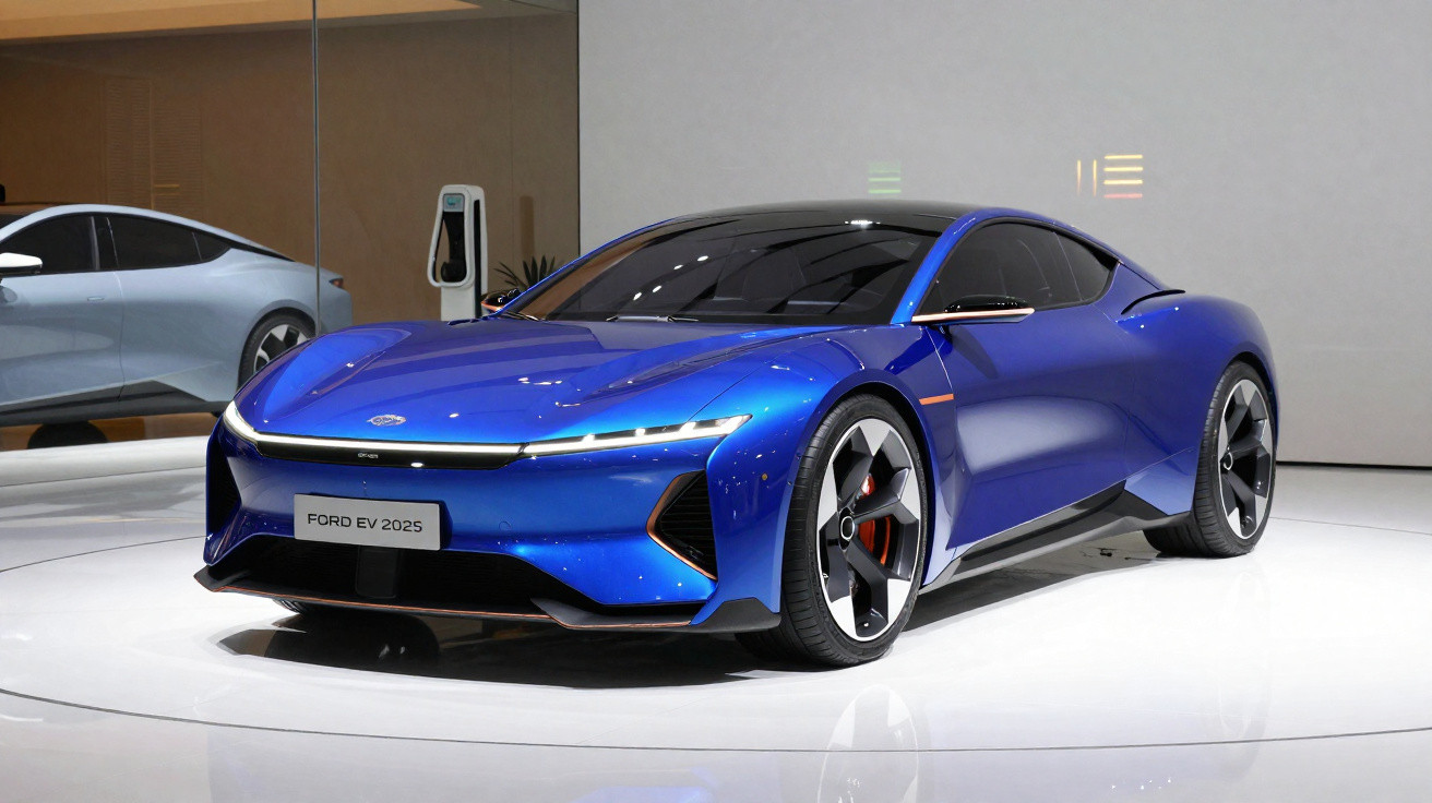 Carro elétrico desportivo azul Ford EV 2025 exposto numa sala moderna e brilhante.