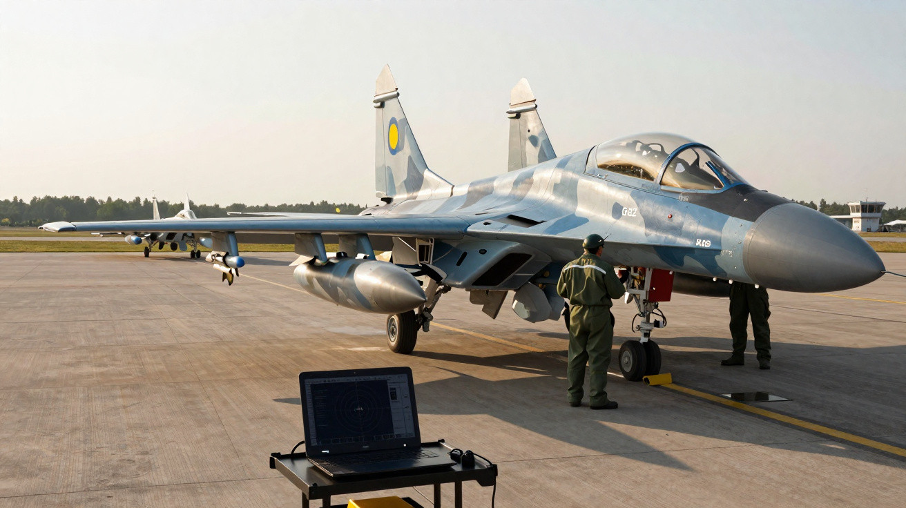 Caça militar azul e cinzento estacionado numa pista com dois militares a inspecioná-lo.