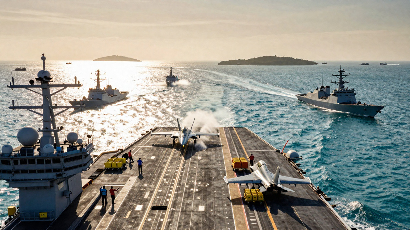 Porta-aviões com dois caças na pista e quatro navios militares no mar ao pôr do sol.