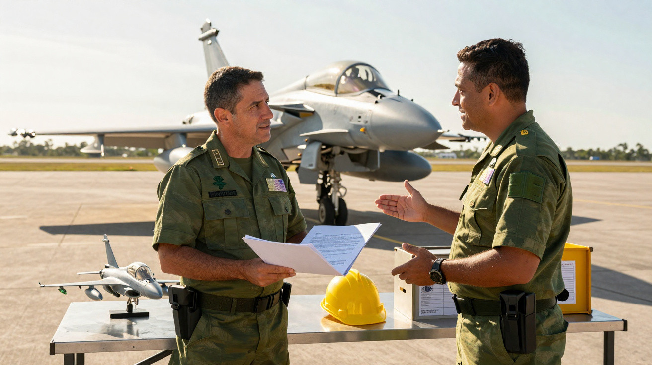 Dois militares em uniforme conversam junto a uma mesa com documentos, capacete amarelo e modelo de avião, com jato ao fundo.