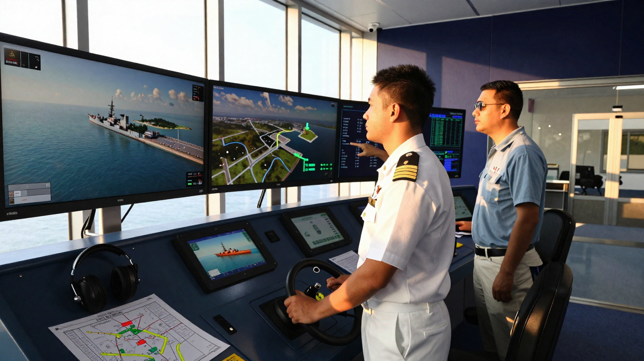 Dois homens em uniforme naval a operar simulador de navegação marítima com vários ecrãs digitais.