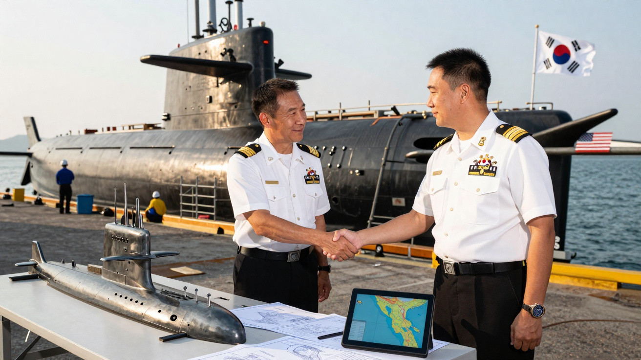 Dois oficiais militares coreanos apertam as mãos junto a modelos de submarinos no porto.