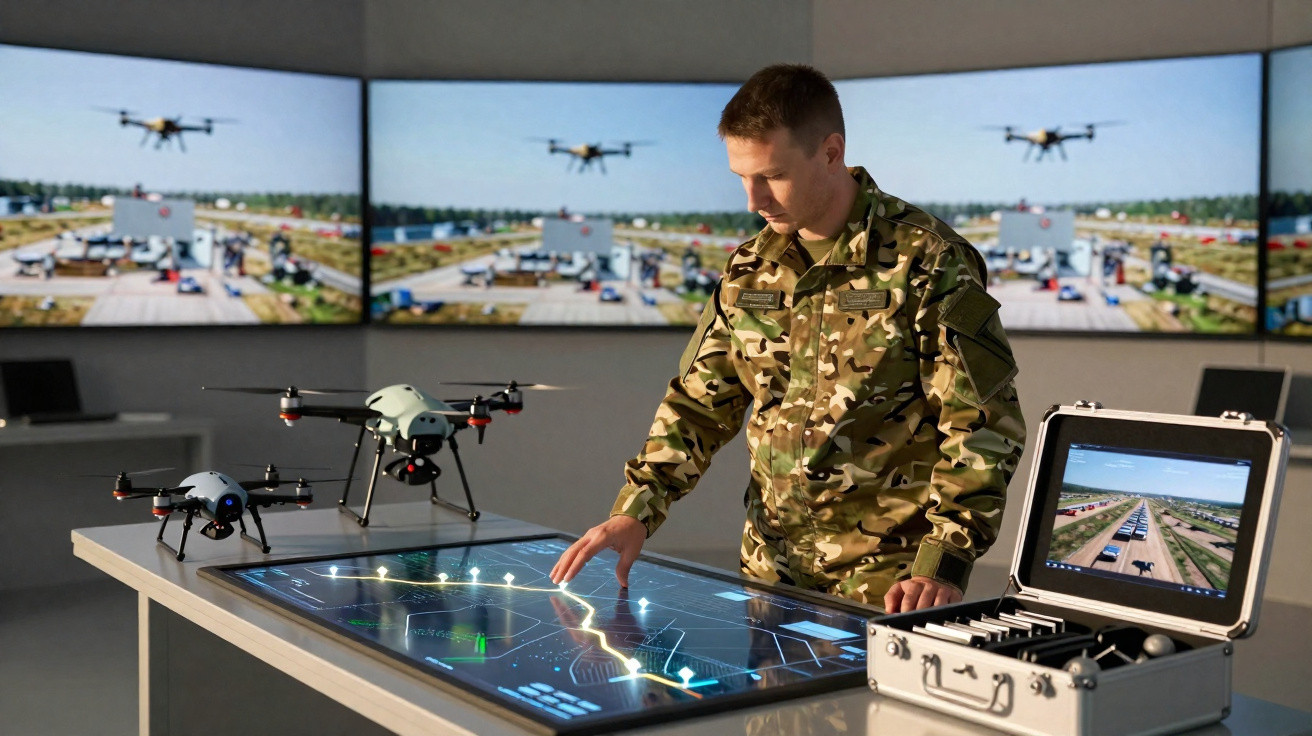 Militar em uniforme camuflado operando drones e monitor digital numa sala de controlo com vários ecrãs.