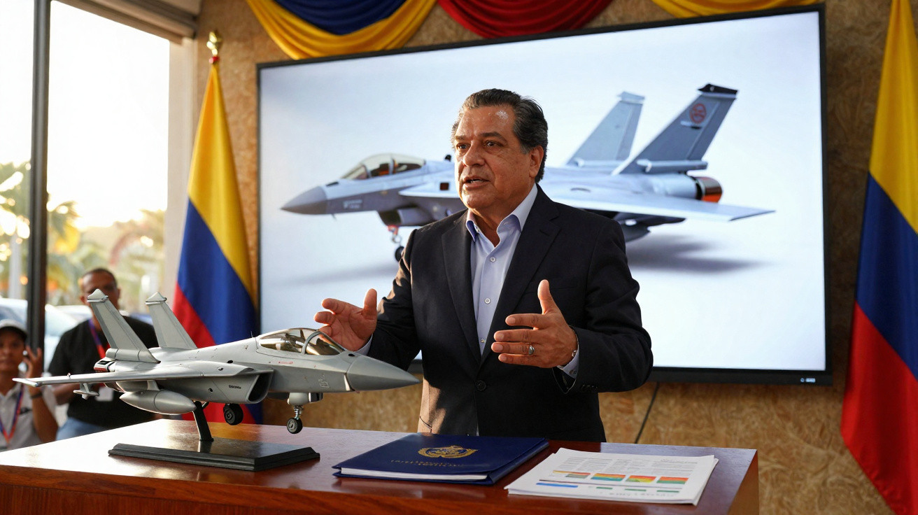 Homem a apresentar modelo de avião de combate, com bandeiras da Colômbia e imagem de jato ao fundo.