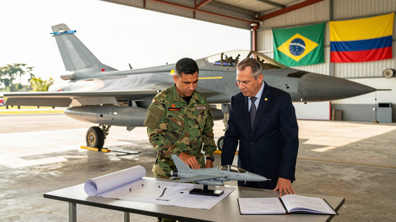 Militar e diplomata observam modelo de avião militar em hangar com jato e bandeiras do Brasil e Colômbia ao fundo.