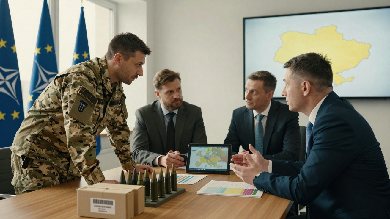 Quatro homens em reunião, um militar e três civis, discutem planos com mapas e munições numa sala de conferências.