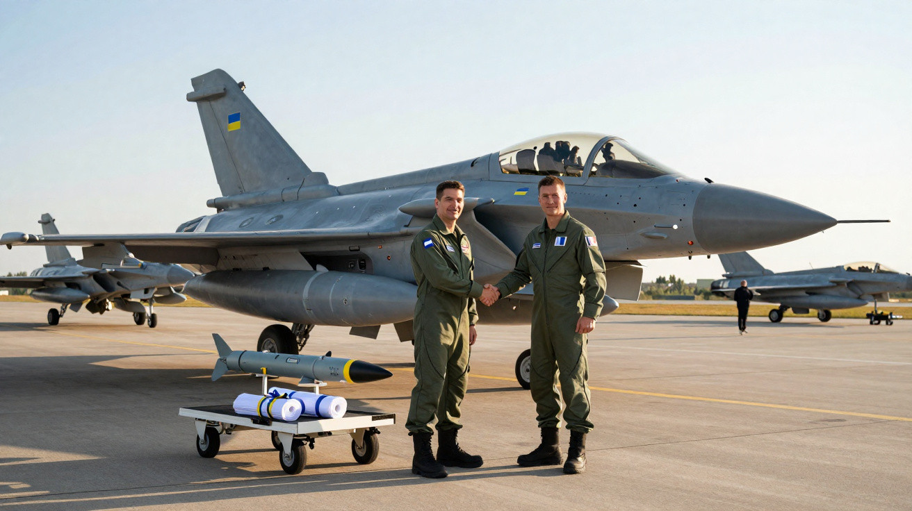 Dois pilotos militares apertam as mãos junto a um caça e armamento numa pista de aeroporto ao pôr do sol.