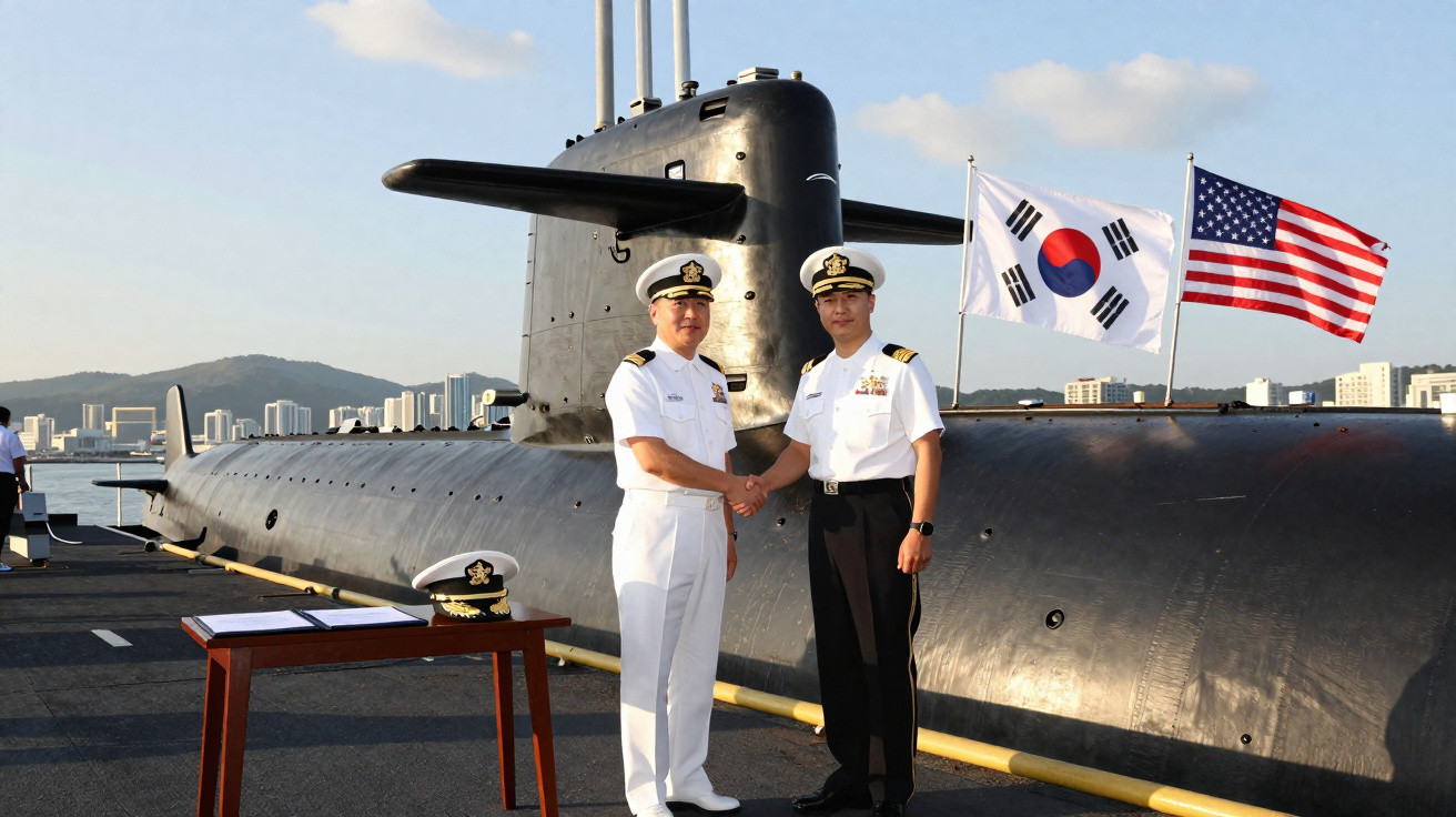 Dois oficiais navais apertam as mãos diante de um submarino com bandeiras da Coreia do Sul e dos EUA ao fundo.
