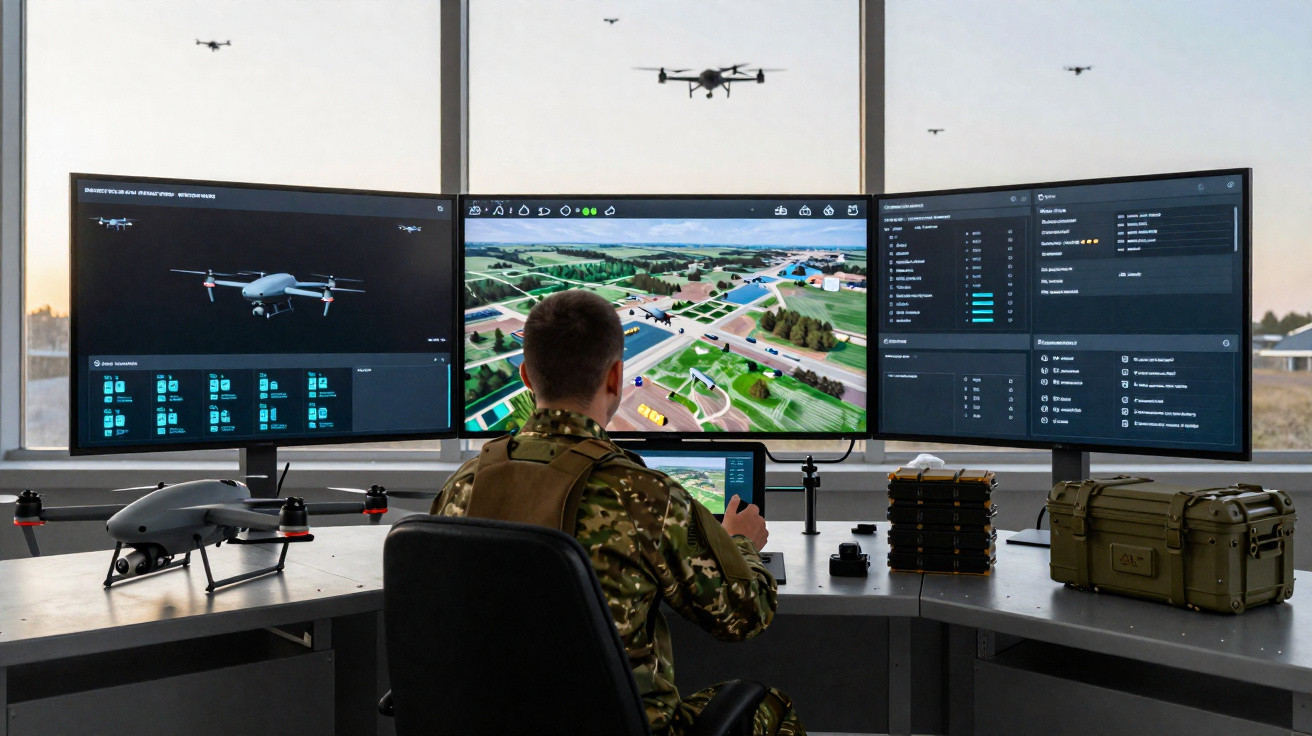 Militar controla drones com ecrãs grandes exibindo imagens e dados de voo numa sala moderna.
