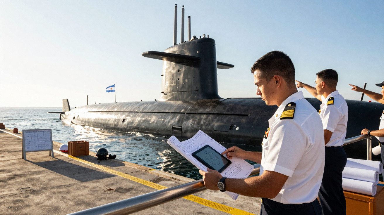 Oficiais navais em uniforme branco avaliando documentos junto a um submarino ancorado no cais.