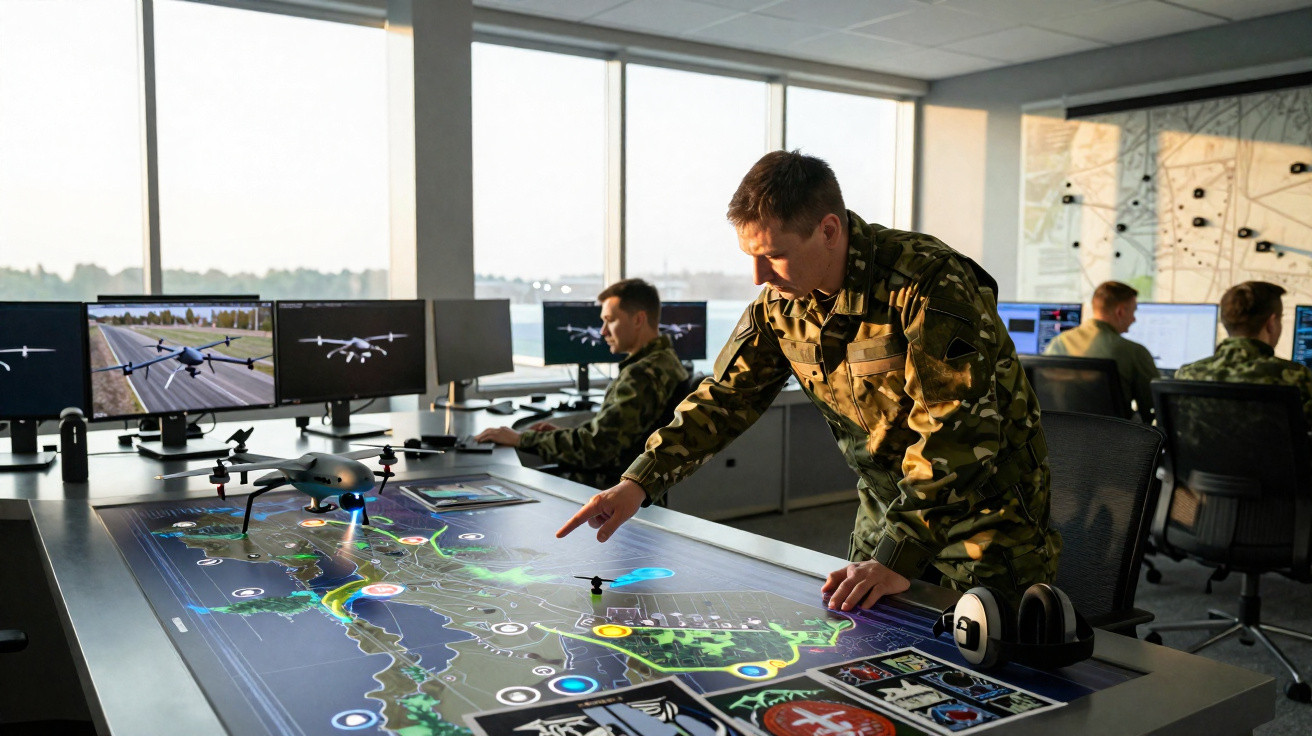 Militares em sala de controlo operam drone e analisam mapas digitais em mesa interativa durante planeamento estratégico.