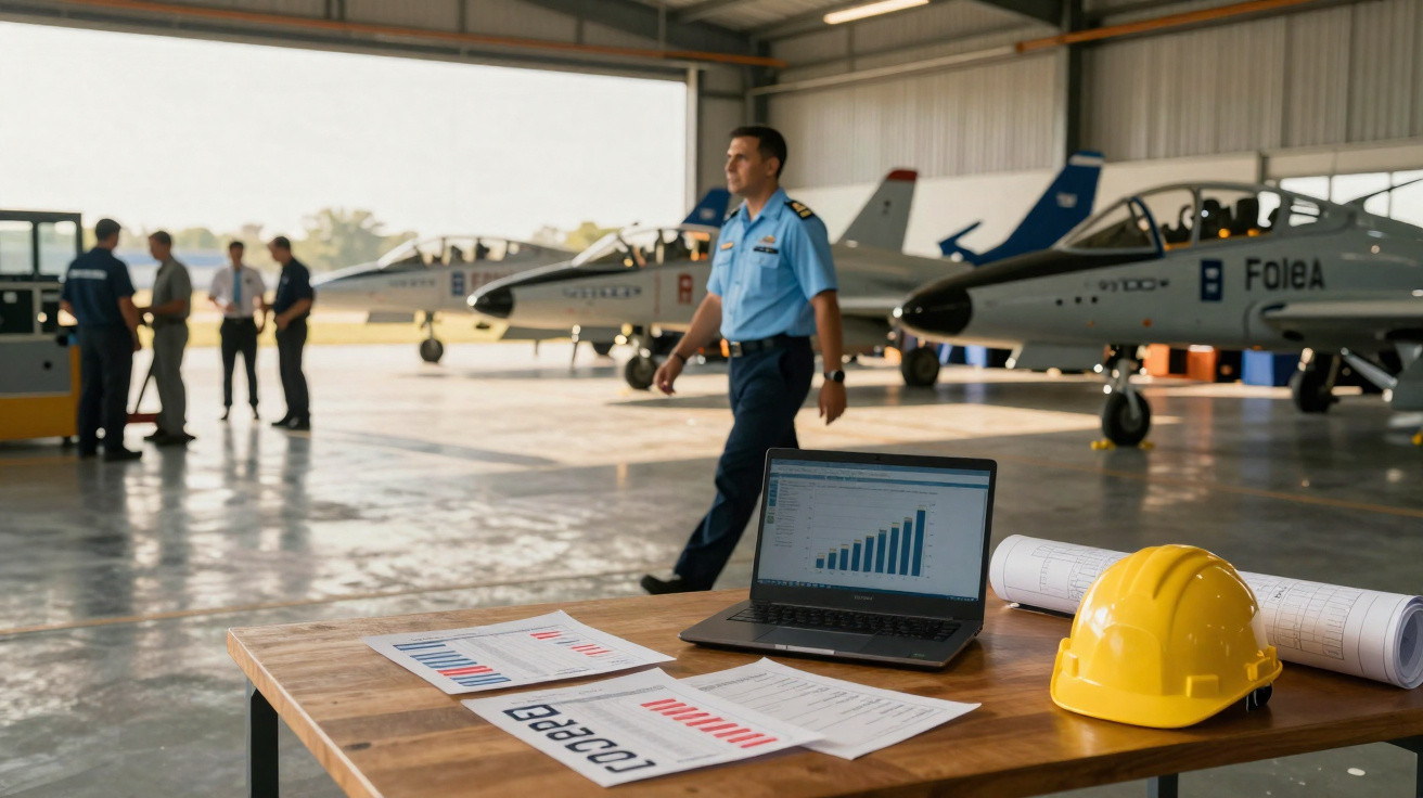 Sala de hangar com piloto, aviões de treino, mesa com laptop, gráficos, capacete amarelo e plantas.