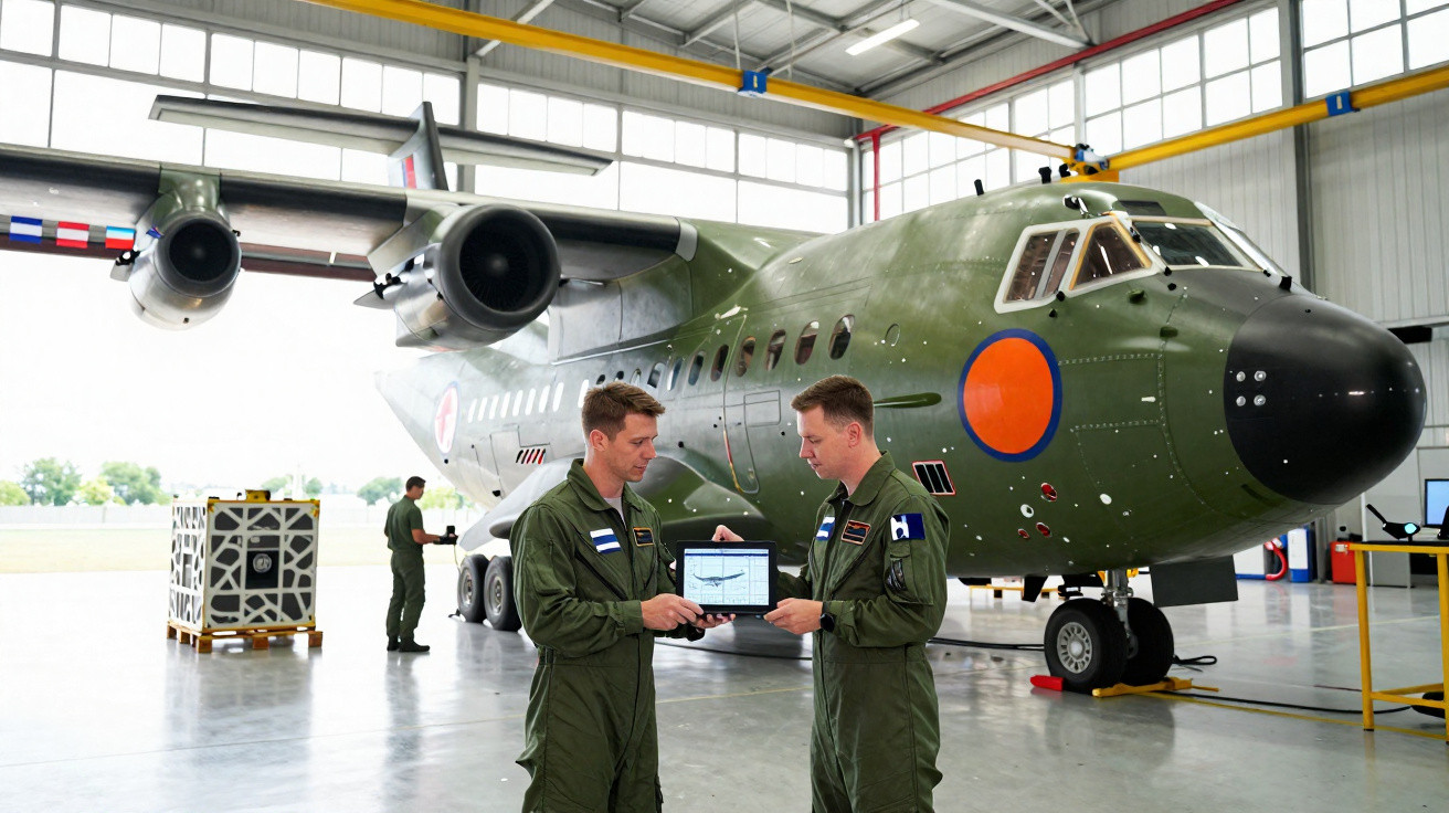 Dois militares em fatos verdes verificam dados num tablet junto a uma aeronave militar num hangar.