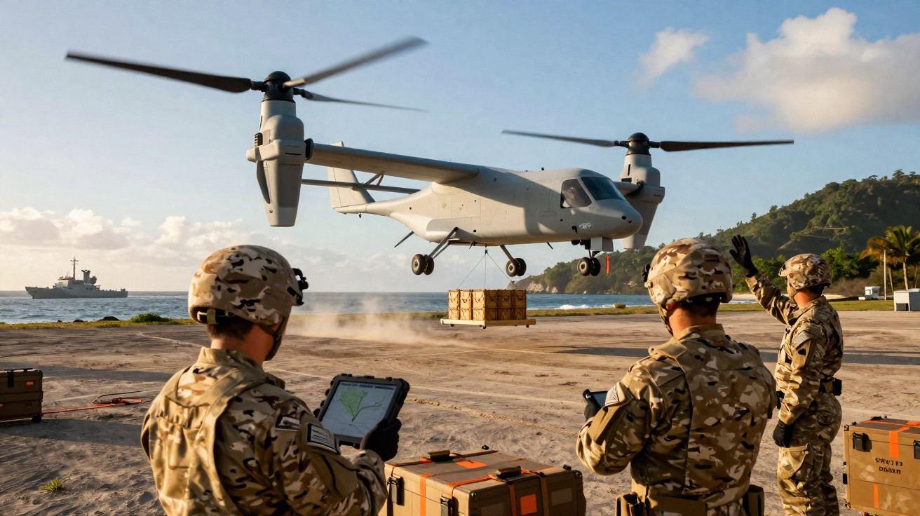 Soldados militares observam drone de carga a descolar perto de costa com navio e árvores ao fundo.