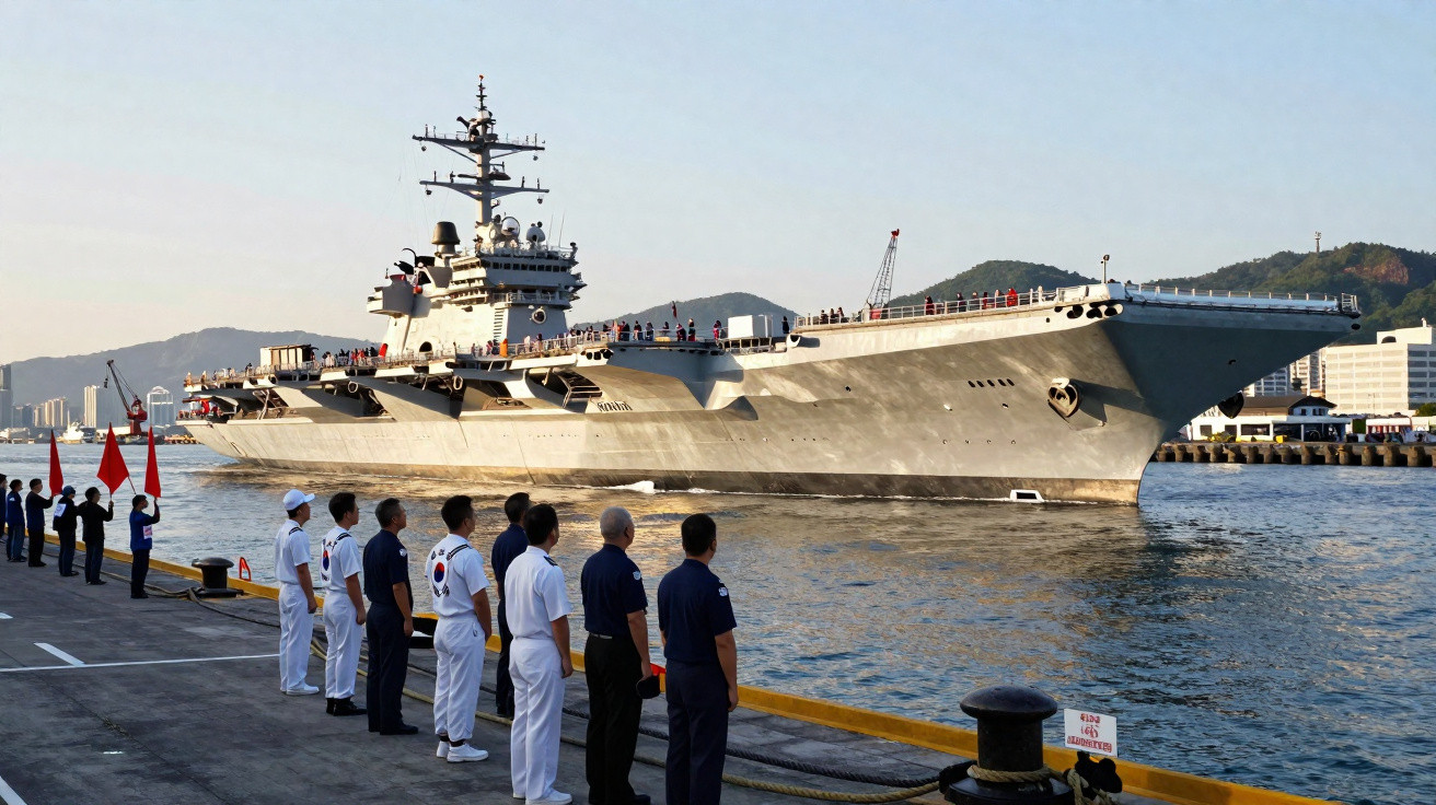 Porta-aviões militar cinzento atracado, com marinheiros em fila na doca a observar o navio ao pôr do sol.