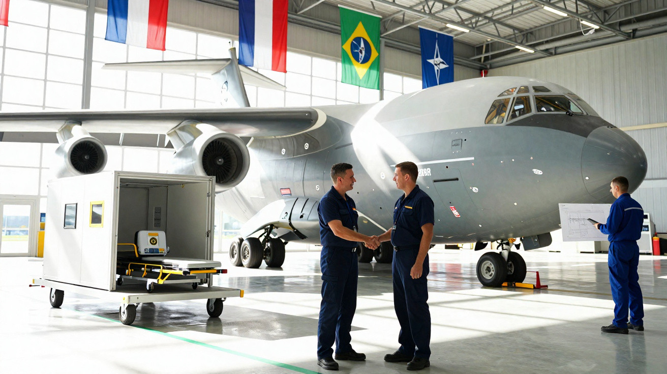 Dois homens de uniforme militar a cumprimentar-se junto a um avião militar cinzento numa hangar com bandeiras no teto.