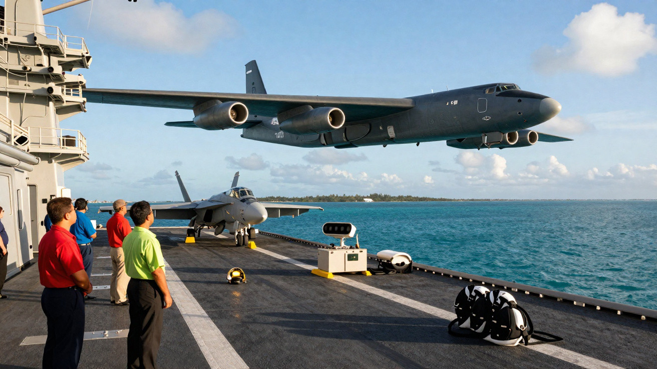 Avião militar a descolar de um porta-aviões com tripulantes a observar no convés junto ao mar.