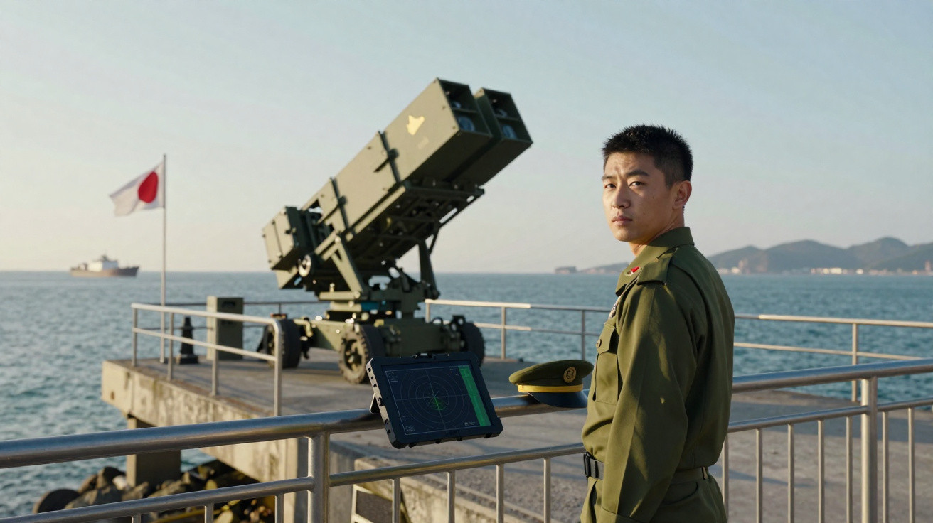Soldado japonês em uniforme verde junto a equipamento militar e bandeira do Japão à beira-mar.