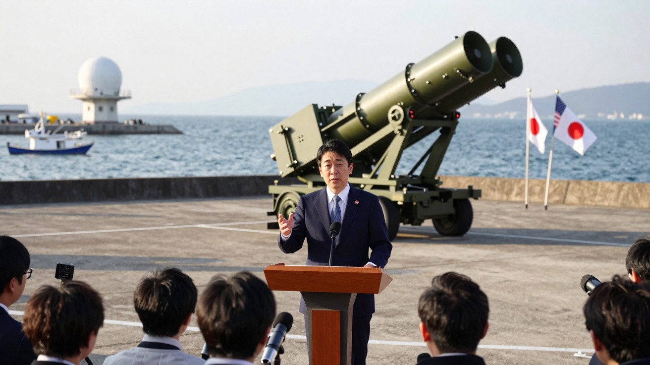 Homem em fato a discursar ao ar livre com canhão militar e bandeiras do Japão e EUA ao fundo, junto ao mar.
