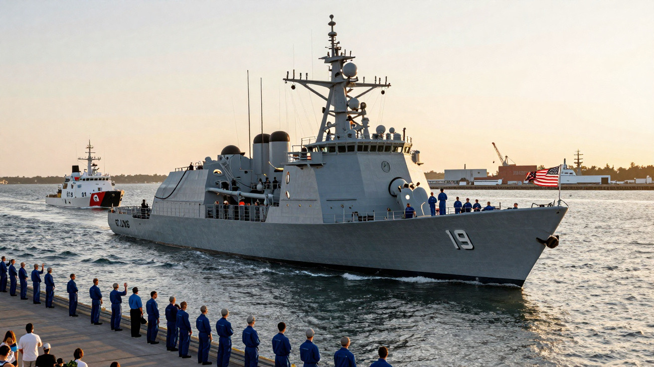 Navio militar americano com tripulação a bordo a passar junto a cais com grupo de pessoas em uniforme azul a observar.