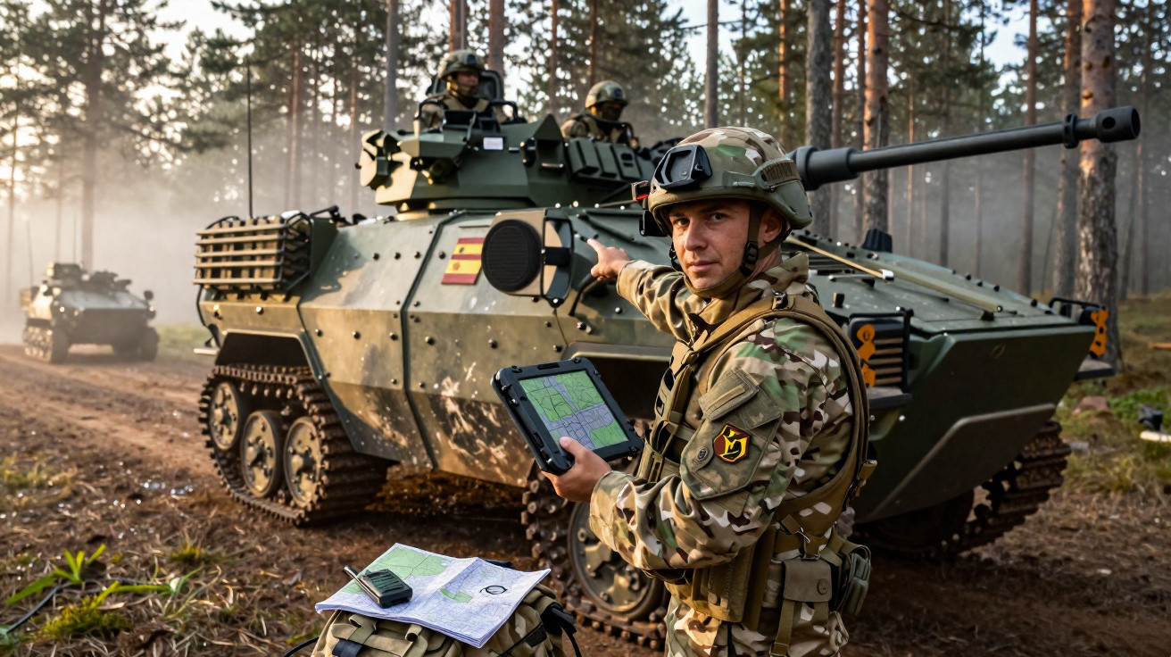 Soldado em uniforme camuflado com tablet aponta para um veículo blindado numa floresta durante operação militar.